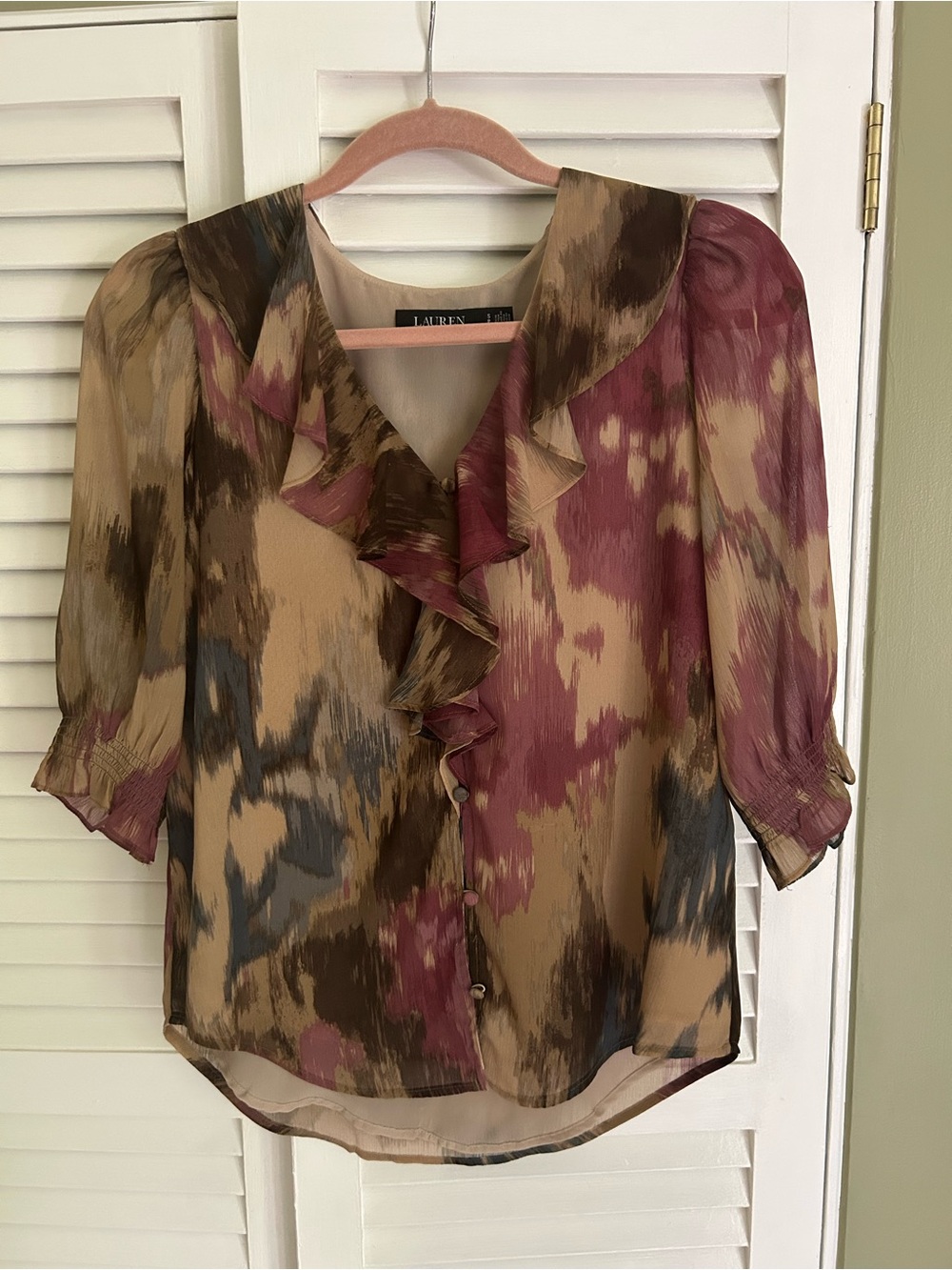 Ralph Lauren Tan, Brown & Mauve Ruffle-Front Blouse
